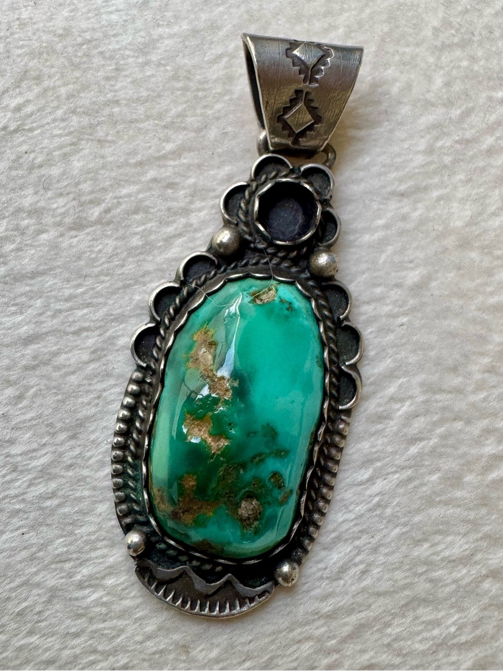 Navajo Richard C Jim Sterling Silver Shield Pendant Pilot Mountain Turquoise 11g
